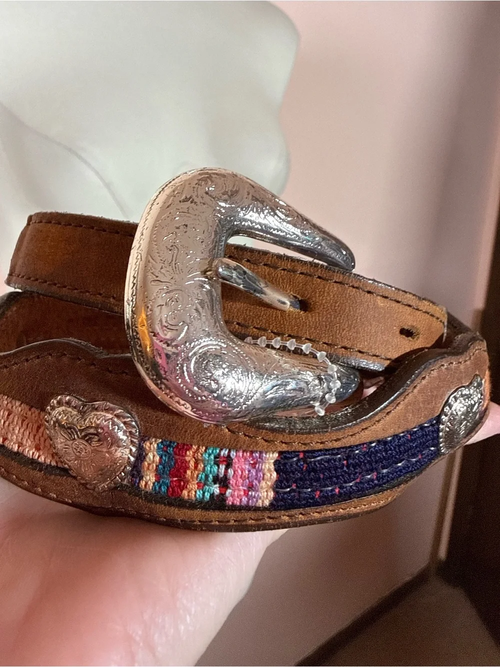 Vintage southwestern leather silver Heart Concho Skinny rodeo princess Belt 32 - Picture 16 of 17